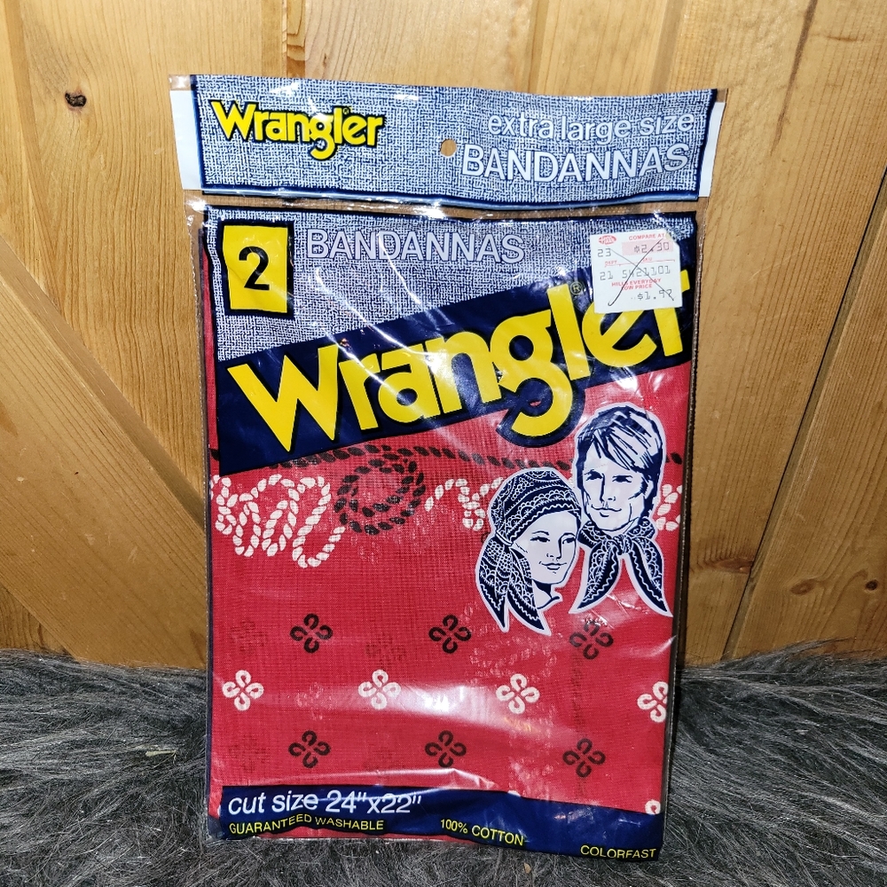 Vintage New Wrangler 2 Pack Bandana Red Cowboy Lasso Print Retro Cotton USA